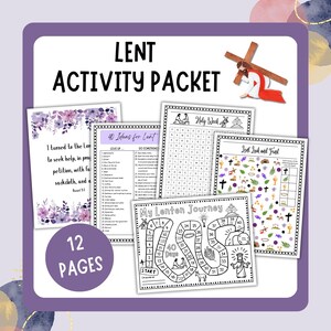 Op de afbeelding: Een paars omkaderd Lenten Activity Packet met de tekst "LENT ACTIVITY PACKET" en "12 PAGES". Het pakket bevat werkbladen met tekst als "40 Ideas for Lent" en "My Lenten Journey", plus een kruisillustratie.