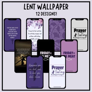 Puede incluir: Una colección de 12 fondos de pantalla para teléfonos inteligentes con temas religiosos. Los diseños incluyen patrones florales, texto y símbolos cristianos como una cruz y un pez. El texto incluye frases como "Oración, Ayuno, Limosna" y versículos bíblicos.