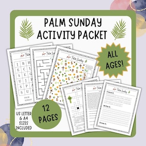 May include: A Palm Sunday Activity Packet with 12 pages, including US Letter and A4 sizes. The packet features various activities, including a word search, maze, and crossword puzzle. The text "Palm Sunday Activity Packet" is displayed at the top.