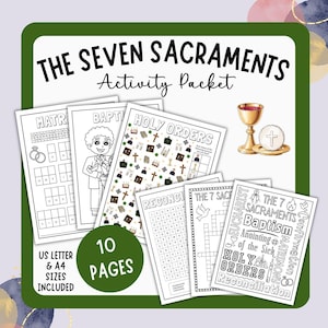 May include: A printable activity packet titled The Seven Sacraments featuring ten pages in US Letter and A4 sizes. The pages include black and white illustrations, word searches, and crosswords related to Baptism, Holy Orders, and Eucharist.