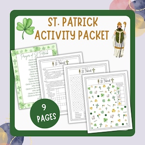Könnte beinhalten: Ein St. Patrick's Day-Aktivitätspaket mit dem Text "ST. PATRICK ACTIVITY PACKET". Das Paket enthält 9 Seiten mit Aktivitäten, darunter ein Gebet, eine Wortsuche und ein Zählspiel. Das Bild zeigt ein grünes Kleeblatt und eine Karikatur von St. Patrick.