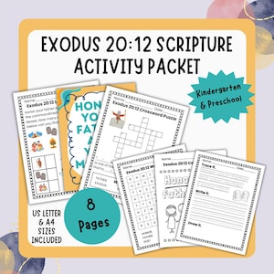 May include: An Exodus 20:12 scripture activity packet for kindergarten and preschool featuring eight pages in US letter and A4 sizes. The packet includes worksheets with crossword puzzles, word searches, tracing exercises, and illustrations of Moses.