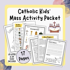 Può includere: Un pacchetto di attività per la Messa per bambini cattolici con 17 pagine, tra cui una lista di controllo, una caccia al tesoro e attività di preghiera. Il pacchetto include formati US Letter e A4. Il titolo è "Catholic Kids' Mass Activity Packet".
