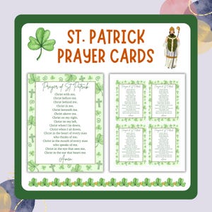 May include: St Patrick's prayer cards with a green shamrock border. The cards feature the "Prayer of St Patrick" text in a decorative font. A cartoon image of a saint is in the upper right corner.