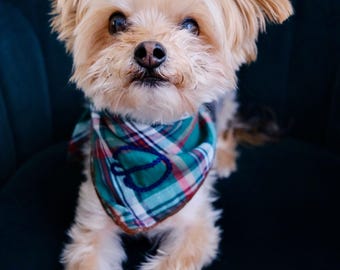Personalized Plaid Dog Bandana with Hand-Embroidered Initial