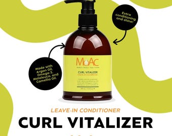 May include: A brown bottle of MOAC Curl Vitalizer leave-in conditioner. The bottle is labeled with the ingredients: Melaleuca, Omega-3, Argan, Camellia. The bottle is 8 fl oz (236 ml).