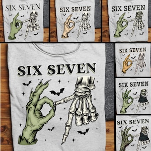 May include: Light gray t-shirts with the text "SIX SEVEN" and a graphic of two hands, one green and one skeletal, forming the number six and seven. Bats and stars are also featured in the design.
