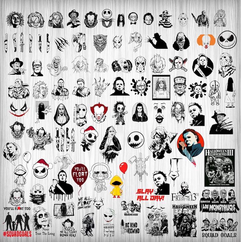 May include: A collection of black and white horror-themed stickers featuring iconic characters and imagery from various horror movies. Includes images of Michael Myers, Freddy Krueger, and Pennywise, along with text like "Slay All Day!" and "You'll Float Too."