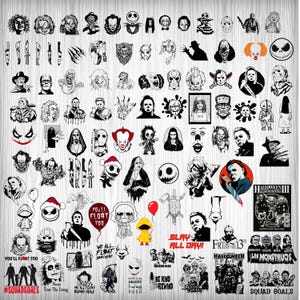 May include: A collection of black and white horror-themed stickers featuring iconic characters and imagery from various movies. Includes images of Michael Myers, Freddy Krueger, and Pennywise, along with text like "Slay All Day!" and "You'll Float Too."