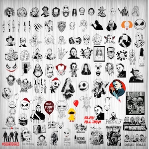 May include: A collection of black and white horror-themed stickers featuring iconic characters and imagery from various horror movies. Includes images of Michael Myers, Freddy Krueger, and Pennywise, along with text like "Slay All Day!" and "You'll Float Too."