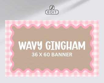Pink Gingham Wavy Border Banner 36x60 | Editable Canva Template | Pink Party Banner Sign | Custom Banner Template