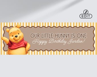Winnie the Pooh Little Hunny Wavy Border Banner 24x72 | Editable Canva Template | Yellow Party Banner Sign | Pooh Bear Kids Custom Template