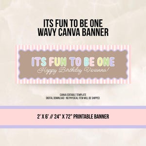 Puede incluir: Una pancarta rectangular imprimible de 61 cm por 183 cm con un borde a rayas rosas y blancas. El centro presenta un rectángulo marrón de bordes ondulados con el texto ITS FUN TO BE ONE en colores pastel y Happy Birthday Vivianna en blanco.