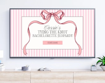 She's Tying the Knot Bachelorette Jeopardy Game Template | Pink Coquette Bachelorette Jeopardy Trivia Editable Canva l Tying the Knot Trivia