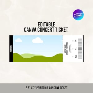 Może przedstawiać: Edytowalny bilet na koncert o wymiarach 6,35 cm na 17,78 cm z ilustracją krajobrazu przedstawiającą zielone wzgórza pod jasnoniebieskim niebem z białymi chmurami. Bilet zawiera pola tekstowe na nazwę artysty, trasę, stadion, datę, godzinę, sekcję, rząd i miejsce.