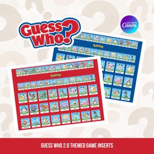 May include: Two rectangular game inserts for a Guess Who game featuring Pokémon characters. One insert has a red background and the other a blue background. Each contains rows of small square images of various Pokémon with their names printed below.