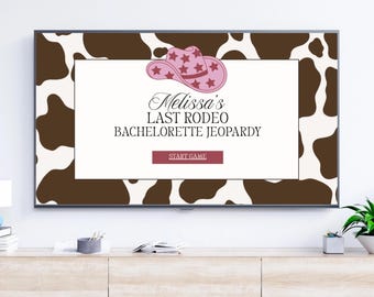 Last Rodeo Bachelorette Jeopardy Game Template | Pink Cow Girl Rodeo Bachelorette Jeopardy Trivia Game Editable Canva |  Last Rodeo Trivia