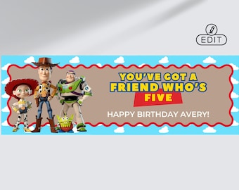 Toy Story Birthday Wavy Border Banner 24x72 | Editable Canva Template | Birthday Kraft Banner| Toy Story Characters Custom Banner Template