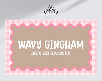 Pink Gingham Wavy Border Banner 36x60 | Editable Canva Template | Pink Party Banner Sign | Custom Banner Template