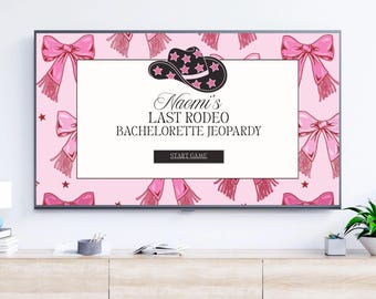 Last Rodeo Bachelorette Jeopardy Game Template | Pink Bows Cow Rodeo Bachelorette Jeopardy Trivia Game Editable Canva |  Last Rodeo Trivia