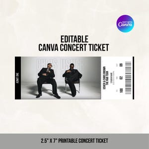 May include: An editable concert ticket template measuring 6.35 cm by 17.78 cm, featuring a black and white photograph of two performers in suits sitting on chairs, with text reading Usher & Chris Brown The R&B Tour, Admit One, and a barcode.