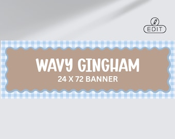 Blue Gingham Wavy Border Banner 24x72 | Editable Canva Template | Blue Party Banner Sign | Custom Banner Template