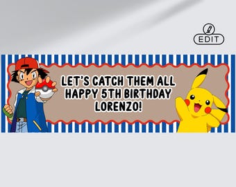 Pokemon Pikachu Birthday Wavy Border Banner 24x72 | Editable Canva Template | Boy Birthday Kraft Banner| Poke Trainer Custom Banner Template