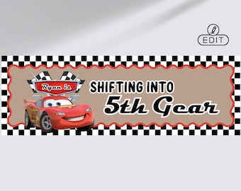 Lightning Mcqueen Birthday Wavy Border Banner 24x72 | Editable Canva Template | Boy Birthday Kraft Banner| Cars Gear McQueen Custom Banner
