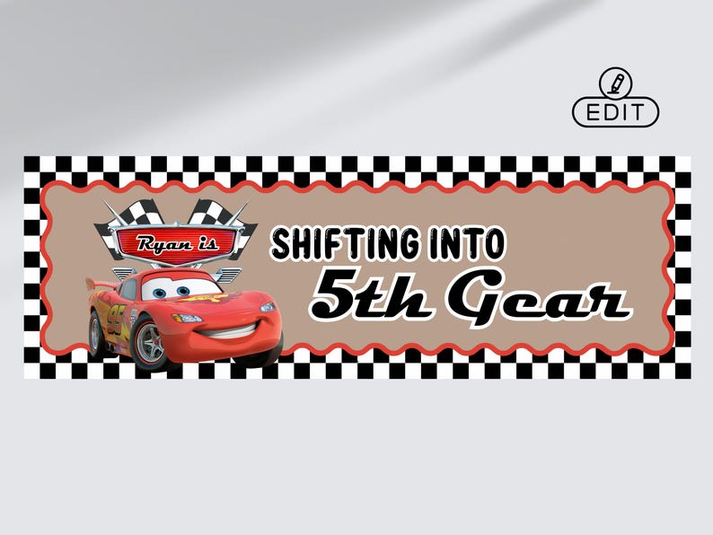 May include: A banner featuring a red race car with the text "Shifting into 5th Gear." The banner has a brown background with a red and black checkered border. The text "Ryan is" is also visible.