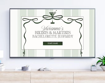 Bikinis and Martinis Bachelorette Jeopardy Game Template | Martini Bachelorette Jeopardy Trivia Game Editable Canva | Green Bach Editable