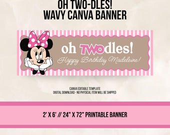 Oh TWOdles Banner | Editable Canva Template | 24" X 72" Party Backdrop | Minnie Mouse 2nd Birthday Decor l Digital Download