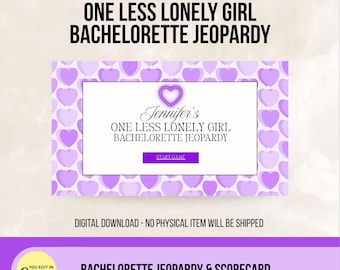 One Less Lonely Girl Bachelorette Jeopardy Game Template | Y2K Bachelorette Jeopardy Trivia Game Editable Canva | Retro Y2K Purple Bach Game