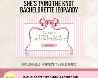 Modèle de jeu Jeopardy pour enterrement de vie de jeune fille : « Elle se marie » | Jeu-questionnaire Jeopardy Pink Coquette pour enterrement de vie de jeune fille (modèle modifiable sur Canva)