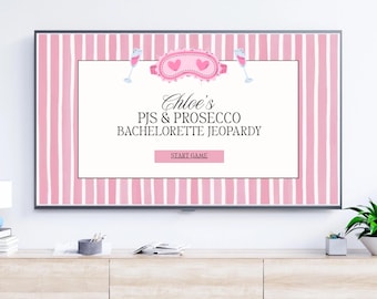 PJs & Prosecco Bachelorette Jeopardy Game Template | Pink Sleepover Bachelorette Jeopardy Trivia Game Editable Canva | Pjs Prosecco Trivia