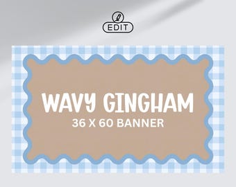 Blue Gingham Wavy Border Banner 36x60 | Editable Canva Template | Blue Party Banner Sign | Custom Banner Template