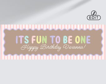 Its Fun To Be One Wavy Border Banner 24x72 | Editable Canva Template | First Birthday Banner| Pink Purple Pastel Custom Banner Template