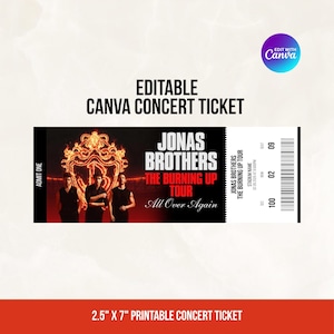 Könnte beinhalten: Eine 6,35 cm mal 17,78 cm große, druckbare Konzertticket-Vorlage für die The Burning Up Tour der Jonas Brothers. Das Design umfasst einen schwarzen Hintergrund, ein brennendes Wappen, die Bandmitglieder sowie Textfelder für Sitzplatz, Reihe und Sektor.