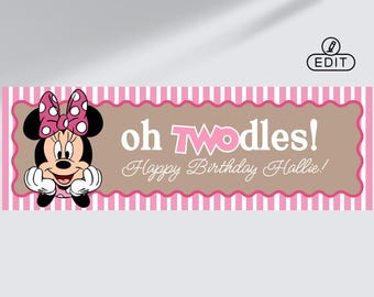 Oh TWOdles Birthday Wavy Border Banner 24x72 | Editable Canva Template | First Birthday Kraft Banner| Minnie Mouse Custom Banner Template