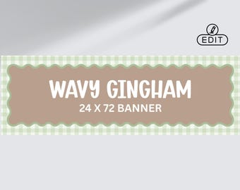 Green Gingham Wavy Border Banner 24x72 | Editable Canva Template | Green Party Banner Sign | Custom Banner Template