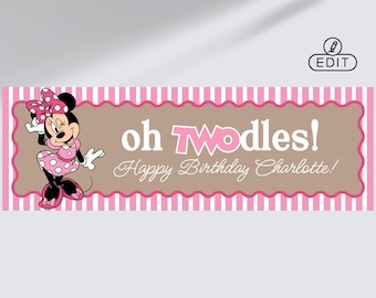 Oh TWOdles Birthday Wavy Border Banner 24x72 | Editable Canva Template | Second Birthday Kraft Banner| Minnie Mouse Custom Banner Template