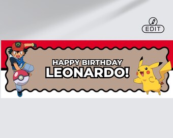 Pokémon Trainer Birthday Wavy Border Banner 24x72 | Editable Canva Template | Boy Birthday Kraft Banner| Monsters Custom Banner Template
