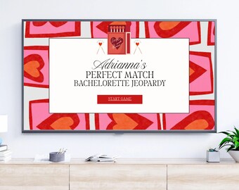 Perfect Match Bachelorette Jeopardy Game Template | Red Pink Retro Bachelorette Jeopardy Game Editable Canva | Her Perfect Match Trivia