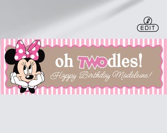 Oh TWOdles Birthday Wavy Border Banner 24x72 | Editable Canva Template | First Birthday Kraft Banner| Minnie Mouse Custom Banner Template