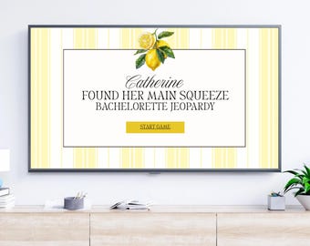 Her Main Squeeze Bachelorette Jeopardy Game Template | Main Squeeze Bachelorette Jeopardy Game Editable Canva | Yellow Lemon Theme Trivia