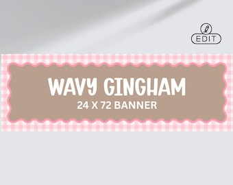 Pink Gingham Wavy Border Banner 24x72 | Editable Canva Template | Pink Party Banner Sign | Custom Banner Template