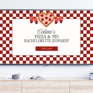 Plantilla de juego de Jeopardy de despedida de soltera con pizza y pijamas / Juego de trivia de Jeopardy de despedida de soltera retro de pizza roja editable en Canva / Trivia de Pizza y Pijamas