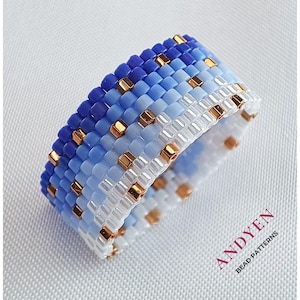 Even Count Peyote Ring PDF, Miyuki Delica 11/0 Perlenkarte, Blaues Ombre Gold Ring Design - Sky