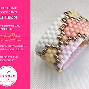 Peut inclure: Un modèle de bague en perles de couleur rose, blanche et jaune avec des accents dorés. Le motif est pour une bague en point de peyote à nombre pair. Le motif mesure 1,08 cm (0,42 po) de large et 6,4 cm (2,51 po) de circonférence. Le motif est pour les perles Miyuki Delica 11/0. Le motif s'appelle "Marshmallow".