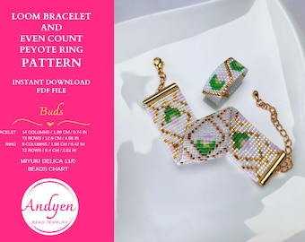 Set of Two Patterns, Loom Bracelet Pattern, Even Count Peyote Ring Pattern, Flower Miyuki Bracelet and Ring, PDF Bead Chart - Buds