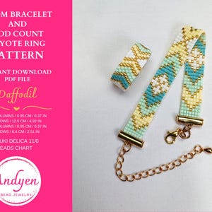 May include: A beaded bracelet and ring pattern with a Daffodil design. The pattern is for an odd count peyote stitch and uses Miyuki Delica 11/0 beads. The pattern is available as an instant download PDF file.
